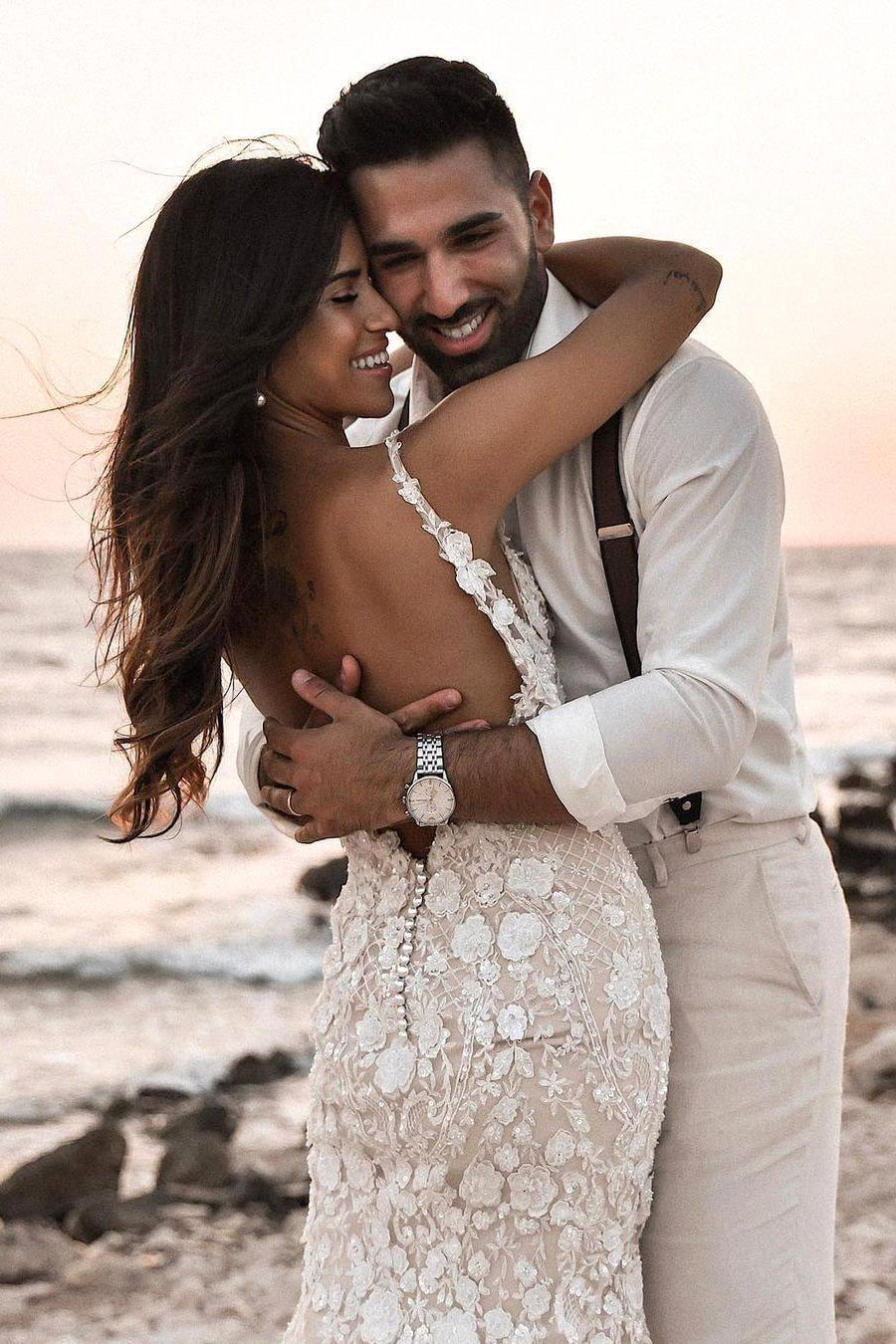 Boho Sleeveless Floral Mermaid Wedding Dress Backless Bridal Gown-BMbridal.com