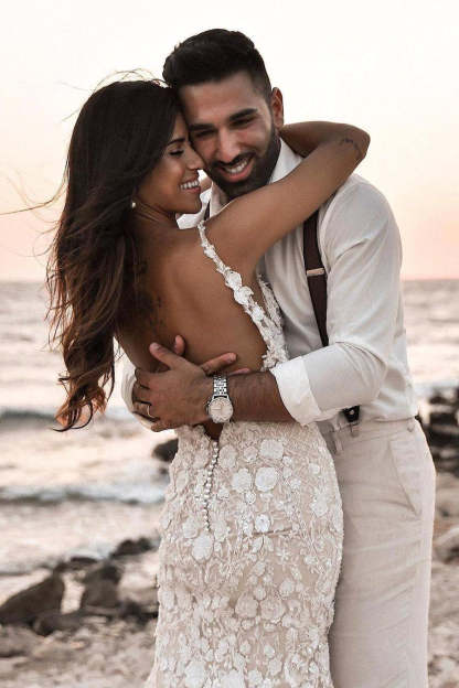 Boho Sleeveless Floral Mermaid Wedding Dress Backless Bridal Gown-BMbridal.com