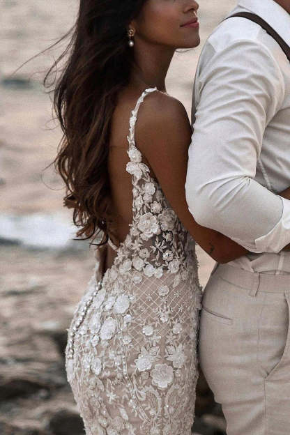 Boho Sleeveless Floral Mermaid Wedding Dress Backless Bridal Gown-BMbridal.com