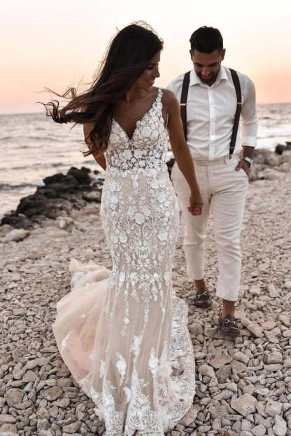 Boho Sleeveless Floral Mermaid Wedding Dress Backless Bridal Gown-BMbridal.com