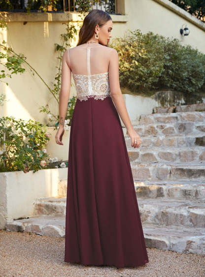 A-line Scoop Chiffon Appliques Floor-Length Dresses Dark Navy-BMbridal