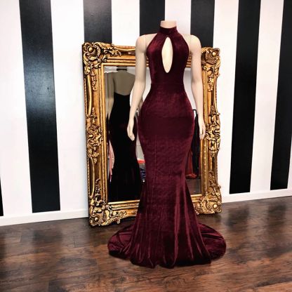 Burgundy Velvet Mermaid Long Evening Gowns-BMbridal.com