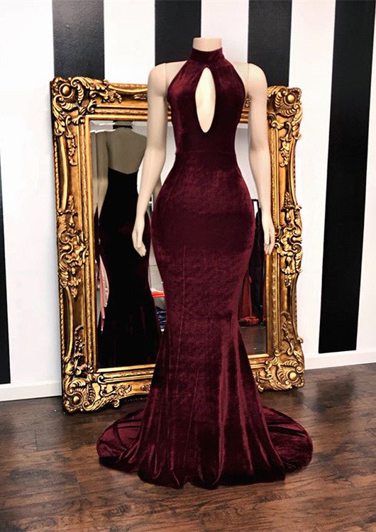 Burgundy Velvet Mermaid Long Evening Gowns-BMbridal.com