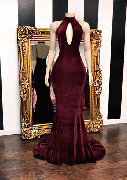 Burgundy Velvet Mermaid Long Evening Gowns-BMbridal.com