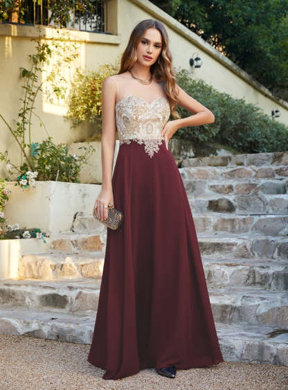 A-line Scoop Chiffon Appliques Floor-Length Dresses Dark Navy-BMbridal