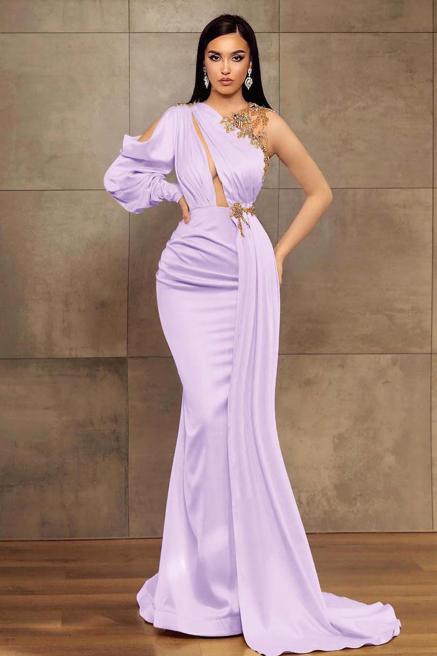 Chic Mermaid One Shoulder Long Sleeve Pleated Long Prom Dress With Beadings