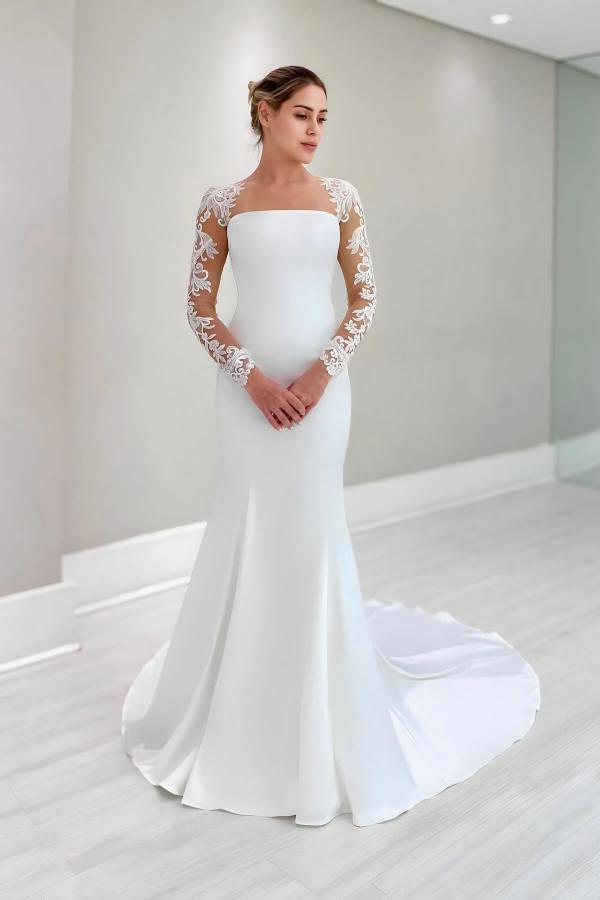 Stylish Chapel Train Mermaid Long Sleeves  Satin Lace Wedding Dresses-BMbridal