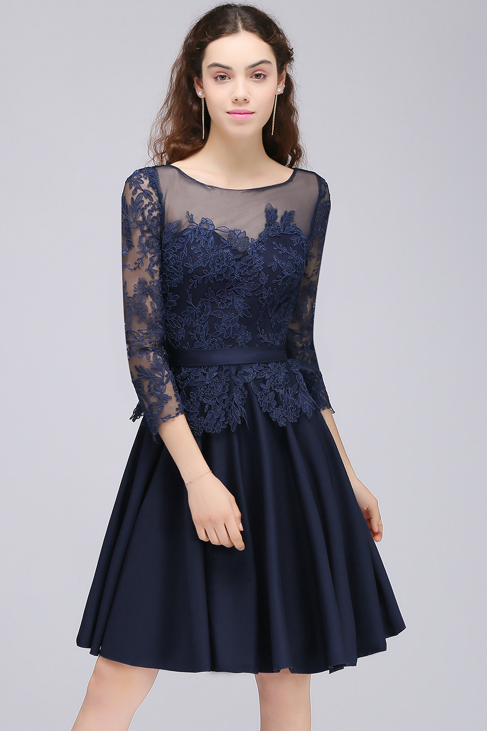 BMbridal Modest 3/4 Sleeves Short Navy Lace Bridesmaid Dresses with Appliques-BMbridal