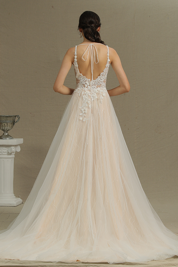 Chic Straps Floral Appliques A-Line Side Wedding Dress with Split Backless