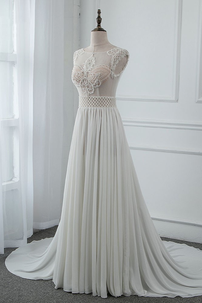 BMbridal Sexy Jewel Sleeveless Chiffon Wedding Dresses See Through Top Bridal Gowns On Sale