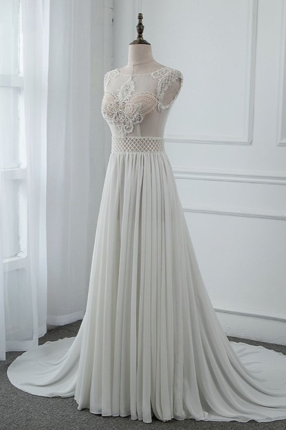 BMbridal Sexy Jewel Sleeveless Chiffon Wedding Dresses See Through Top Bridal Gowns On Sale