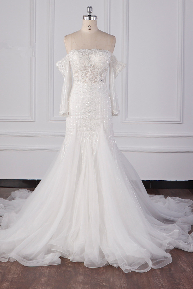 BMbridal Gorgeous Strapless White Tulle Lace Wedding Dress Long Sleeves Beadings Bridal Gowns On Sale-BMbridal