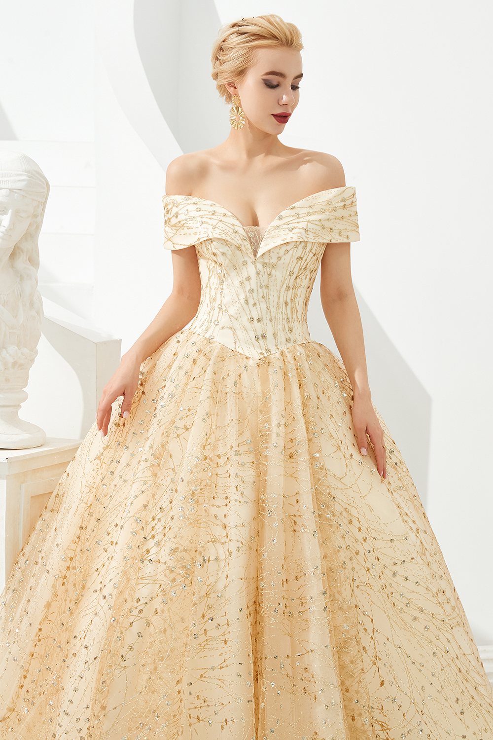 BMbridal Gold Off-the-Shoulder Sequins Prom Dress Ball With Lace-up Online