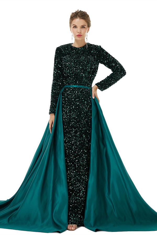 Bmbridal Long Sleeves Sequins Prom Dress Mermaid Overskirt