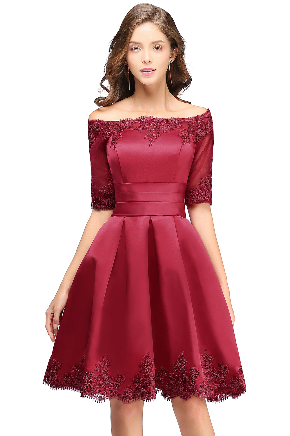 BMbridal Chic Half Sleeve Lace-up Off-shoulder Lace Appliques Short Prom Dress