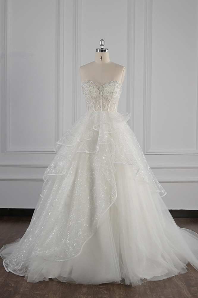 BMbridal Glamorous Ball Gown Strapless Beadings Wedding Dress Sequined Layers Tulle Bridal Gowns On Sale-BMbridal