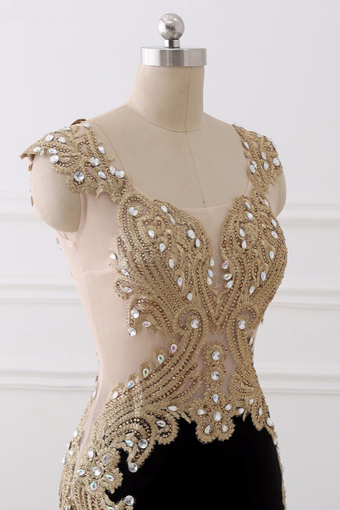 BMbridal Affordabe V-Neck Sleeveless Mermaid Prom Dresses Gold Appliques with Crystals