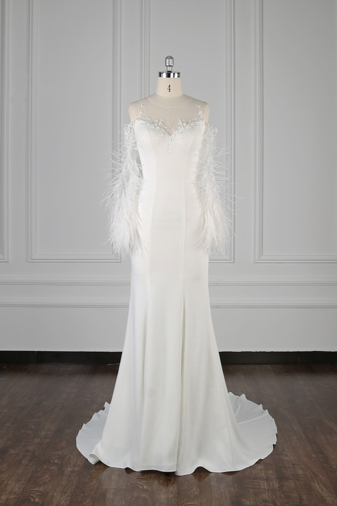 BMbridal Chic Jewel Sleeveless White Chiffon Wedding Dress Mermaid Appliques Bridal Gowns with Fur Onsale-BMbridal