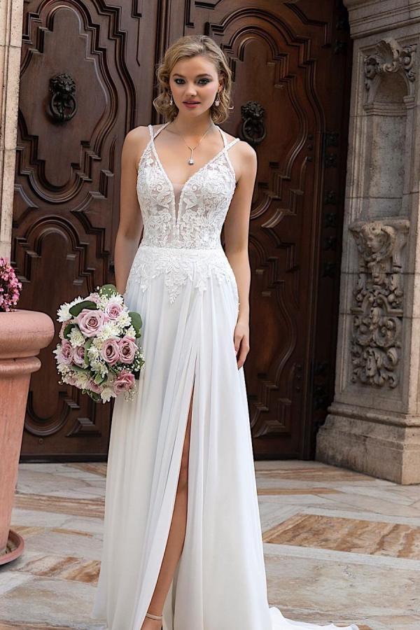Elegant V-Neck Long A-Line Split Wedding Dress with Chiffon Lace