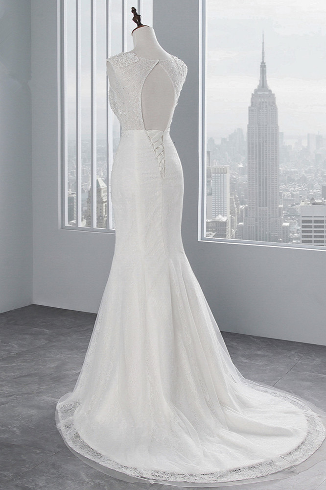 BMbridal Glamorous Jewel Sleeveless Rhinestone White Mermaid Wedding Dresses with Appliques