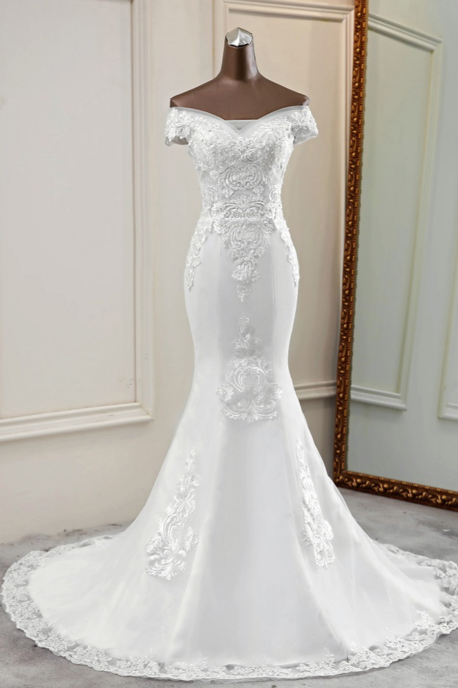 BMbridal Elegant Off-the-Shoulder Sleeveless White Mermaid Wedding Dresses with Beadings