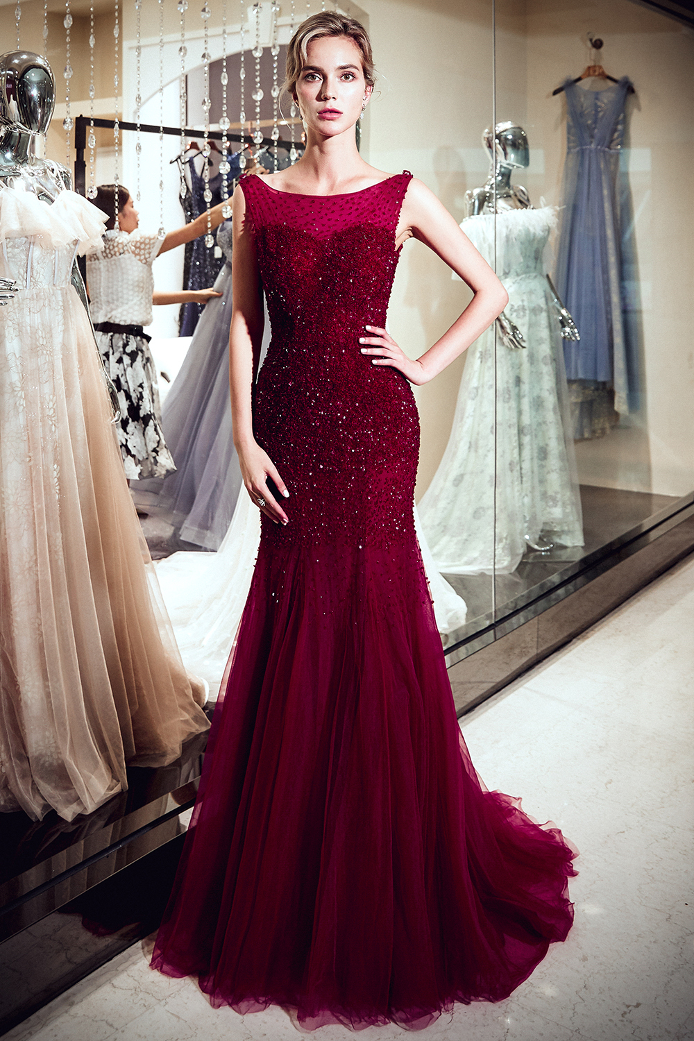 BMbridal Gorgeous Mermaid Sleeveless Prom Dresses Sequined Tulle Burgundy Formal Dresses Online