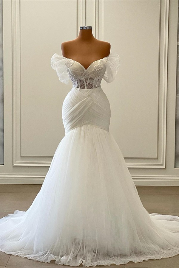 Bmbridal Off-the-Shoulder Tulle Wedding Dress Mermaid Long-BMbridal
