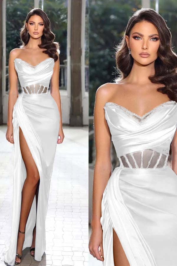 Strapless Sleeveless Long Mermaid Prom Dress With Split Pleated