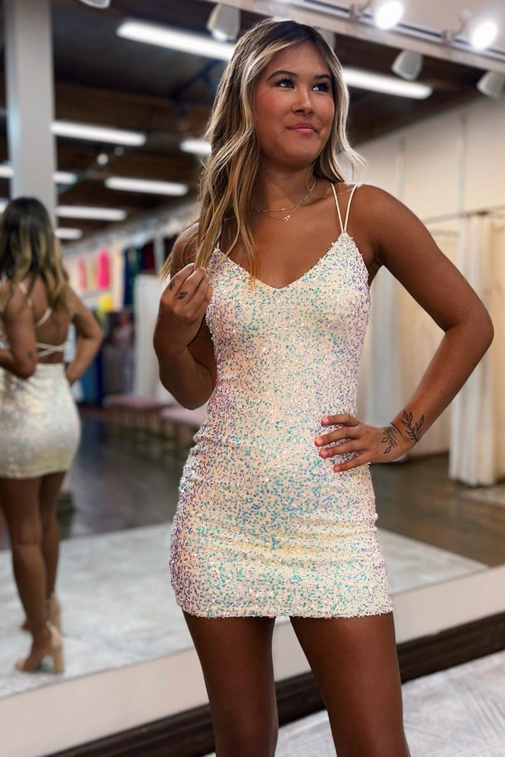 Sparkly Light Yellow Sequins Criss-Cross Straps Tight Short Homecoming Dress-BMbridal