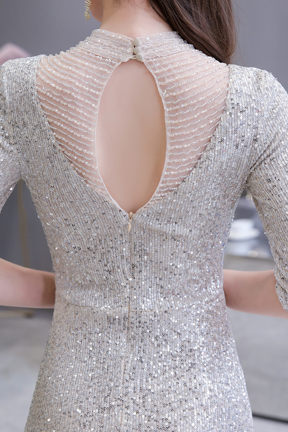 BMbridal Silver Half Sleeve Sequins Prom Dress Mermaid Long Evening Gowns