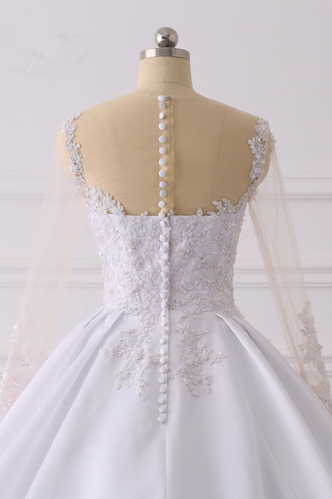 BMbridal Glamorous Ball Gown Jewel Satin Tulle Wedding Dress Long Sleeves Ruffles Lace Bridal Gowns Online-BMbridal