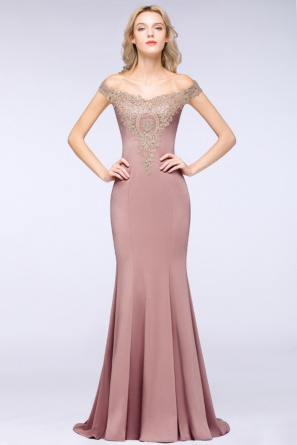 BMbridal Elegant Off-the-Shoulder Mermaid Prom Dress Long With Lace Appliques