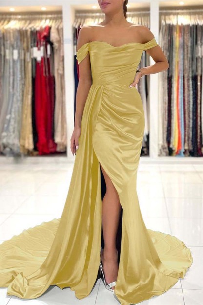 Mermaid Dark Green Pleated Off the Shoulder Long Prom Dress Split With Ruffles