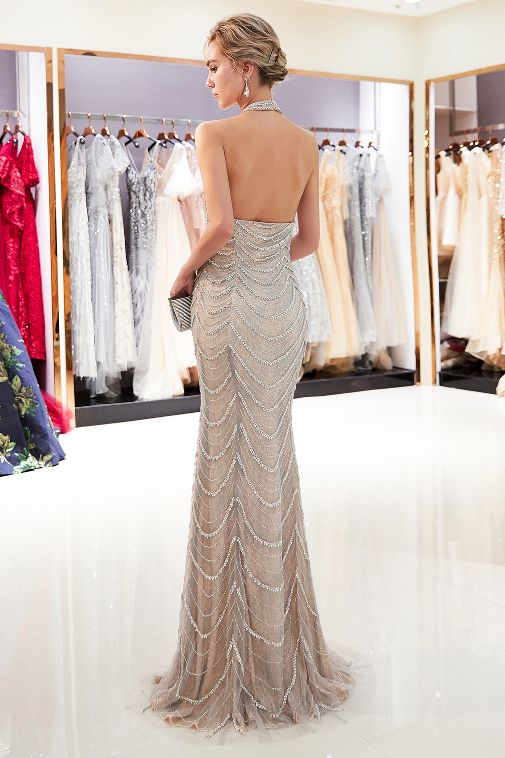BMbridal Chic Tulle Mermaid Halter Prom Dresses Sleeveless Sequined Evening Dresses On Sale