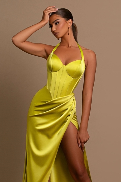 Fashionable Yellow Halter Neck Mermaid Side Split Prom Dress With Pleated