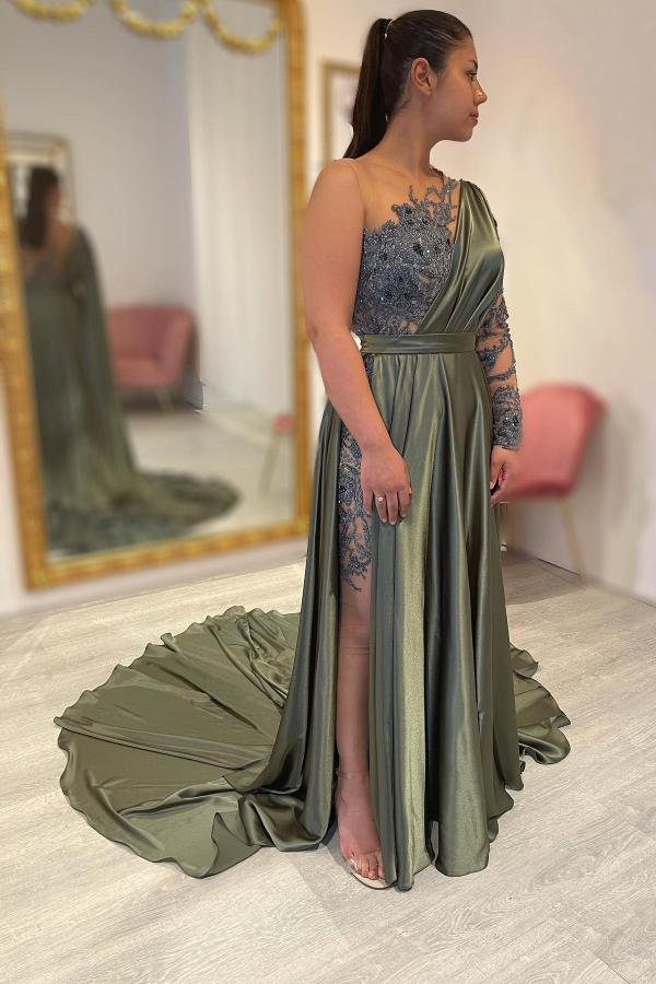 Bmbridal Army Green Long Sleeve Prom Dress One Shoulder With Appliques