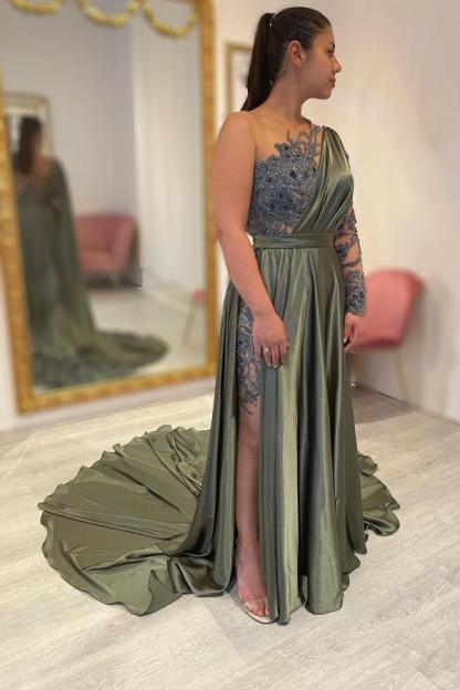 Bmbridal Army Green Long Sleeve Prom Dress One Shoulder With Appliques