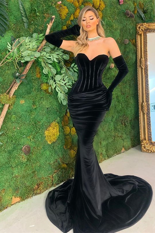 Black Velvet Sweetheart Strapless Long Mermaid Prom Dress With Long Gloves