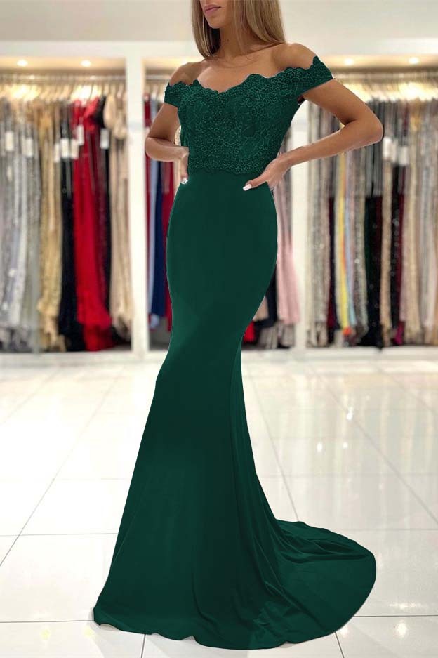 Mermaid Off the Shoulder Sleeveless Prom Dress Long With Lace Appliques