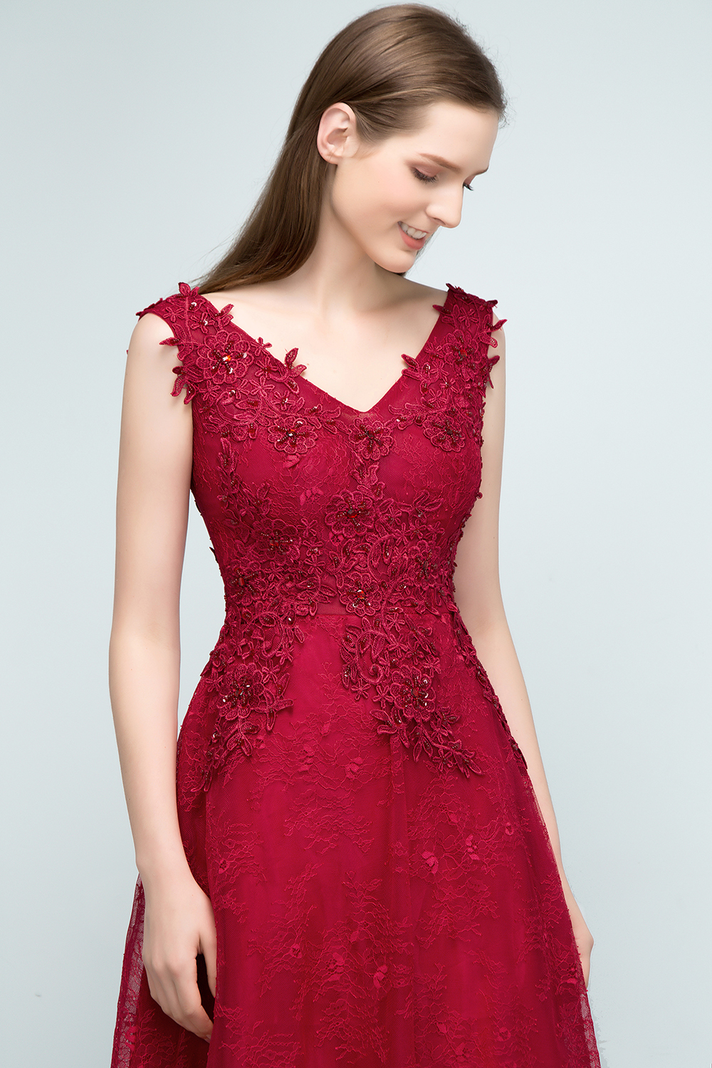 BMbridal Burgundy V-Neck Lace Prom Dress Long Evening Party Gowns With Appliques