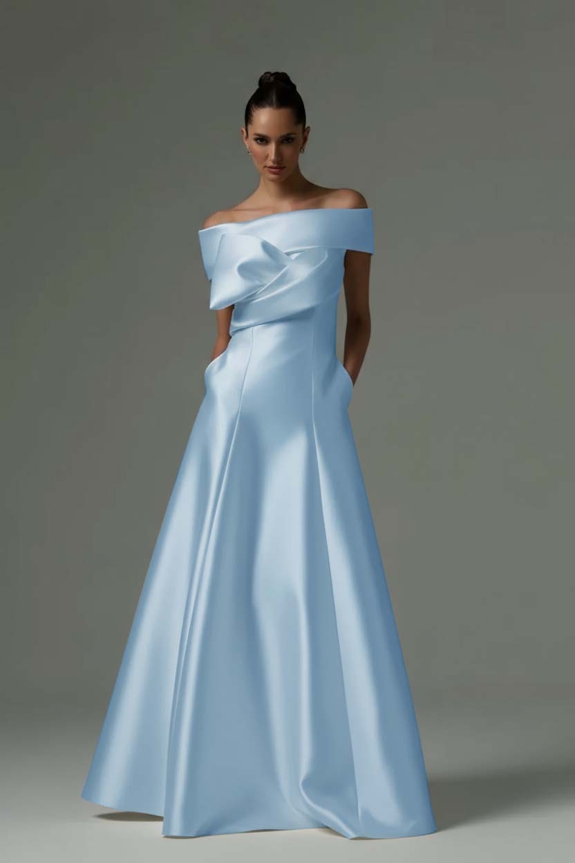Off the Shoulder Sleeveless Long Prom Dress With Pleated Pocket