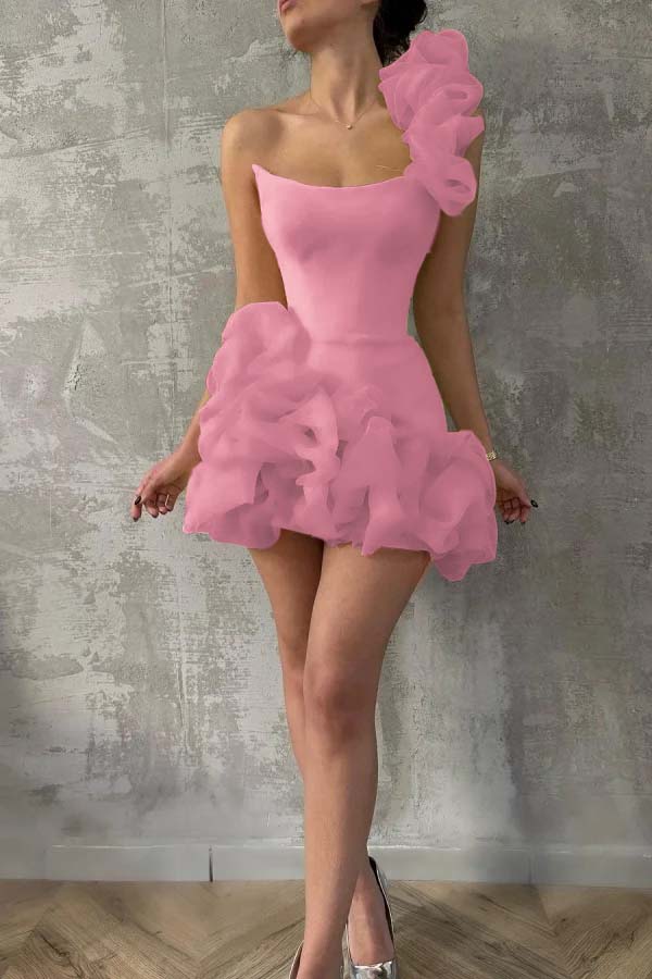 One Shoulder Sleeveless Short Prom Dress With Pleated Tulle