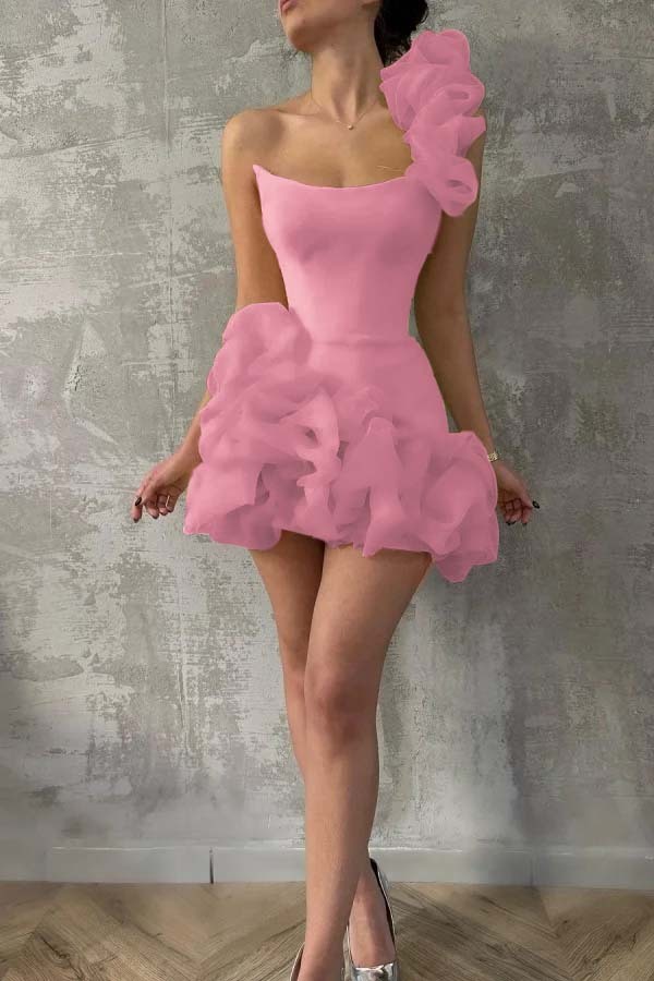 One Shoulder Sleeveless Short Prom Dress With Pleated Tulle