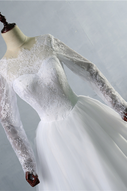 BMbridal Elegant Jewel Tulle Lace Wedding Dress Long Sleeves Appliques Sequins Bridal Gowns On Sale