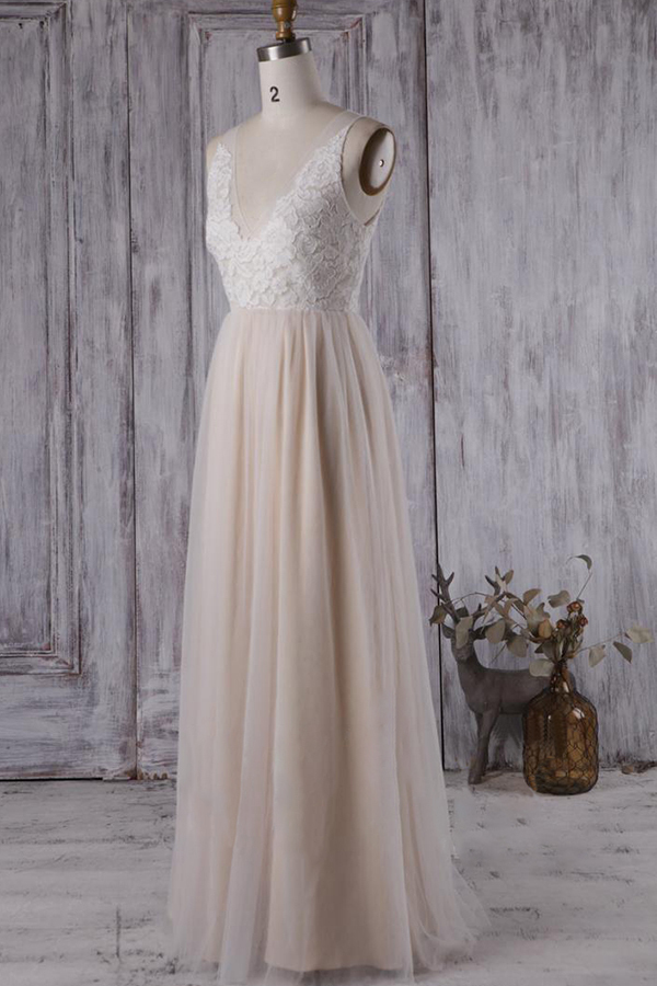 BMbridal Elegant A-line Tulle Lace Wedding Dress V-neck Appliques Ruffles Bridal Gowns On Sale-BMbridal