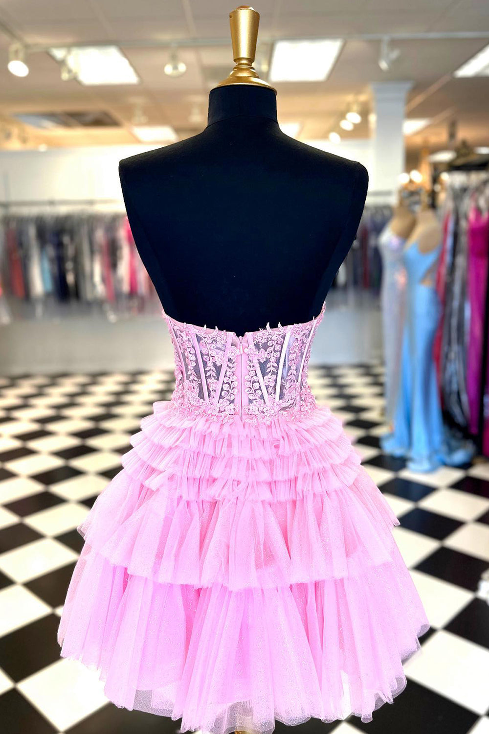 Sparkly Pink Corset Tiered Short A-Line Tulle Homecoming Dress with Lace-BMbridal