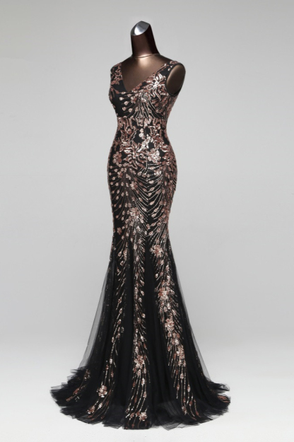 BMbridal Luxury Tulle V-Neck Sleeveless Mermaid Prom Dress with Sequins