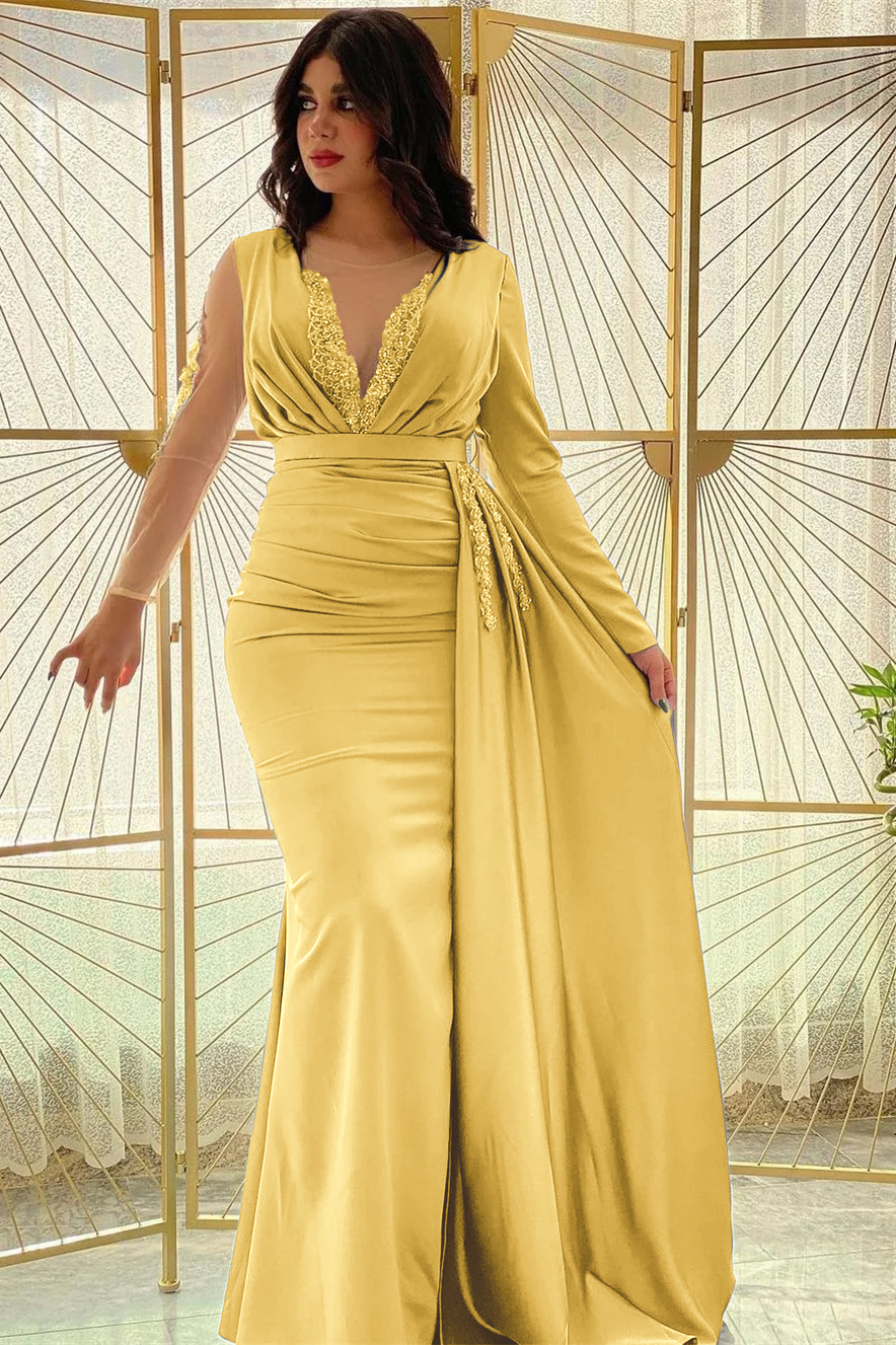 Mermaid Long Sleeves Beadings Pleated Prom Dress Side Split With Ruffles