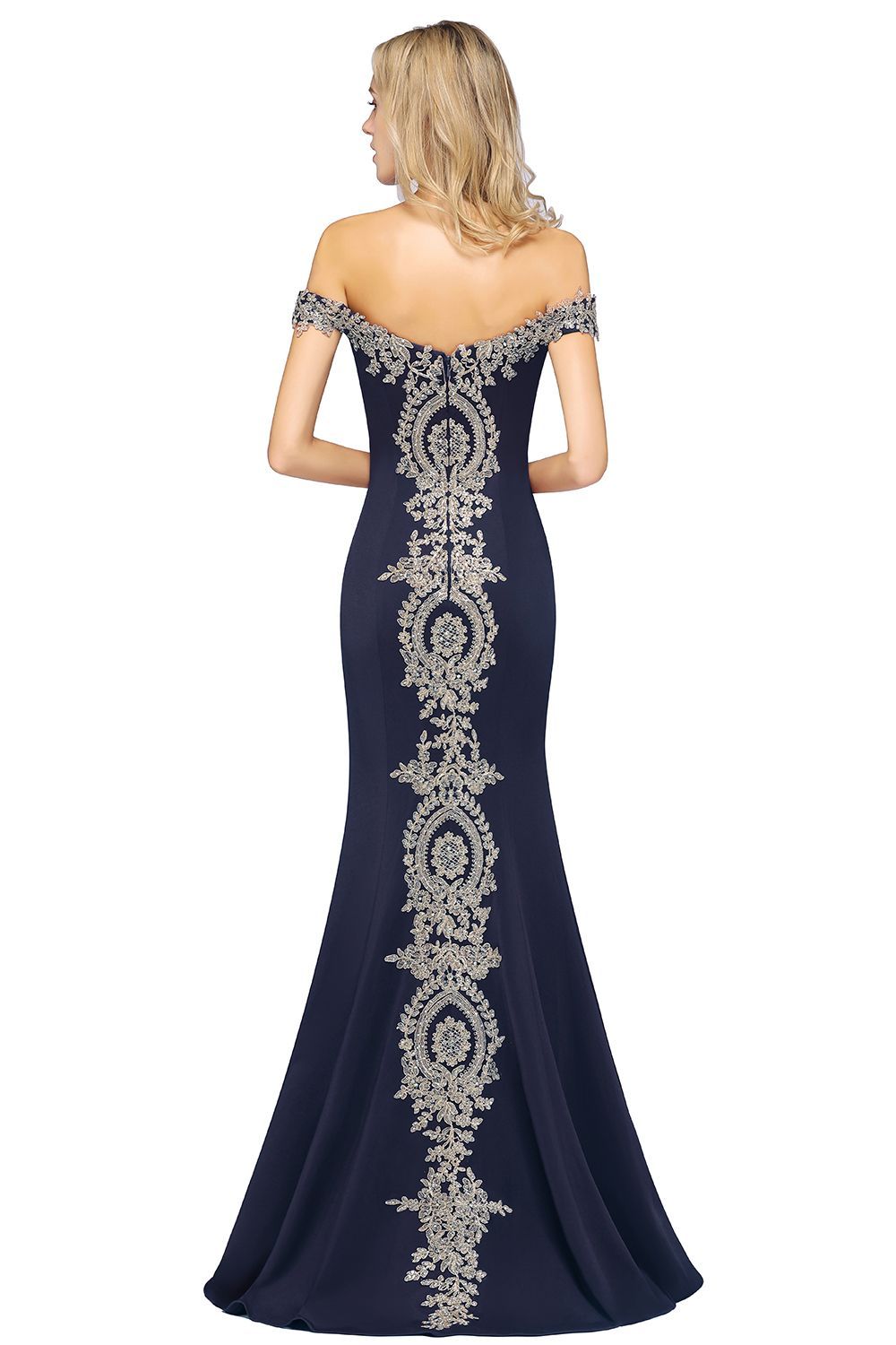 BMbridal Elegant Off-the-Shoulder Mermaid Prom Dress Long With Lace Appliques