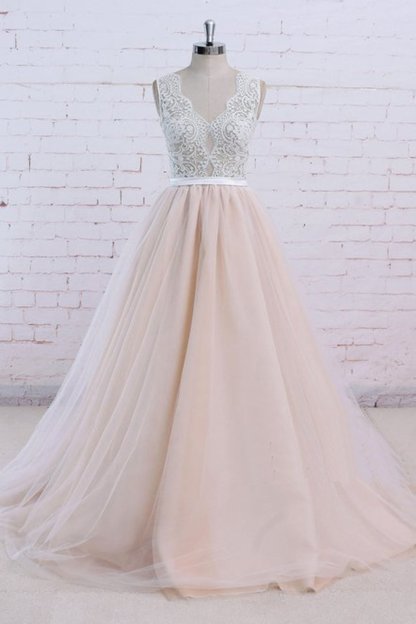 BMbridal AffordableBlush Pink Tulle Wedding Dress Ivory Lace V-Neck Vintage Bridal Gowns On Sale